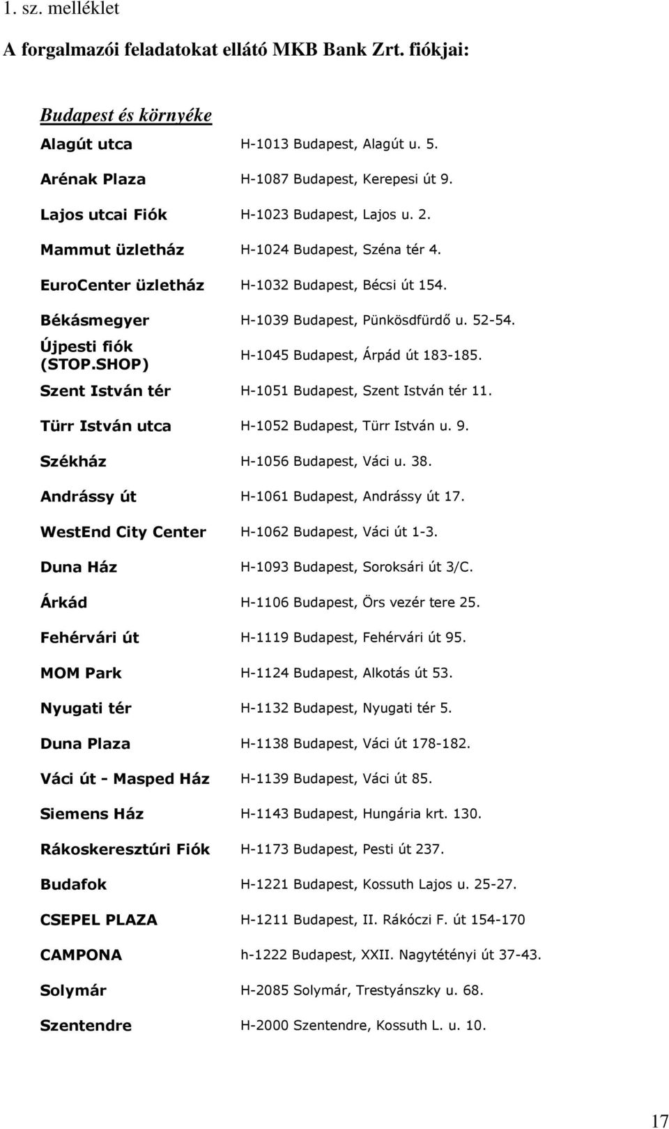 Újpesti fiók (STOP.SHOP) H-1045 Budapest, Árpád út 183-185. Szent István tér H-1051 Budapest, Szent István tér 11. Türr István utca H-1052 Budapest, Türr István u. 9. Székház H-1056 Budapest, Váci u.