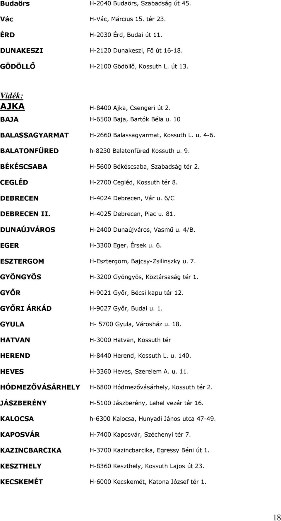 BÉKÉSCSABA H-5600 Békéscsaba, Szabadság tér 2. CEGLÉD H-2700 Cegléd, Kossuth tér 8. DEBRECEN H-4024 Debrecen, Vár u. 6/C DEBRECEN II. H-4025 Debrecen, Piac u. 81.