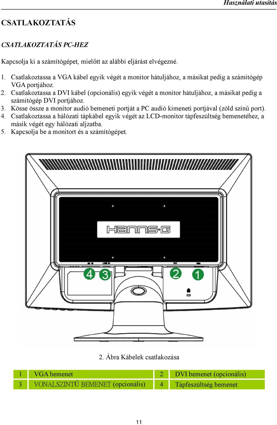Csatlakoztassa a DVI kábel (opcionális) egyik végét a monitor hátuljához, a másikat pedig a számítógép DVI portjához. 3.