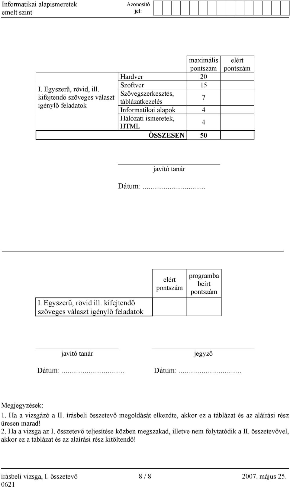 50 elért pontszám javító tanár Dátum:... I. Egyszerű, rövid ill. kifejtendő szöveges választ igénylő feladatok elért pontszám programba beírt pontszám javító tanár jegyző Dátum:.