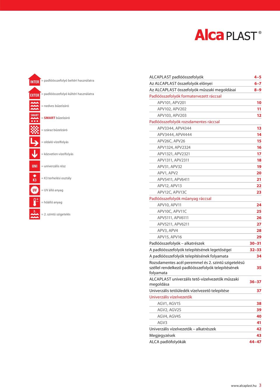 szintű szigetelés ALCAPLAST padlóösszefolyók 4 5 Az ALCAPLAST összefolyók előnyei 6 7 Az ALCAPLAST összefolyók műszaki megoldásai 8 9 Padlóösszefolyók formatervezett ráccsal APV101, APV201 10 APV102,