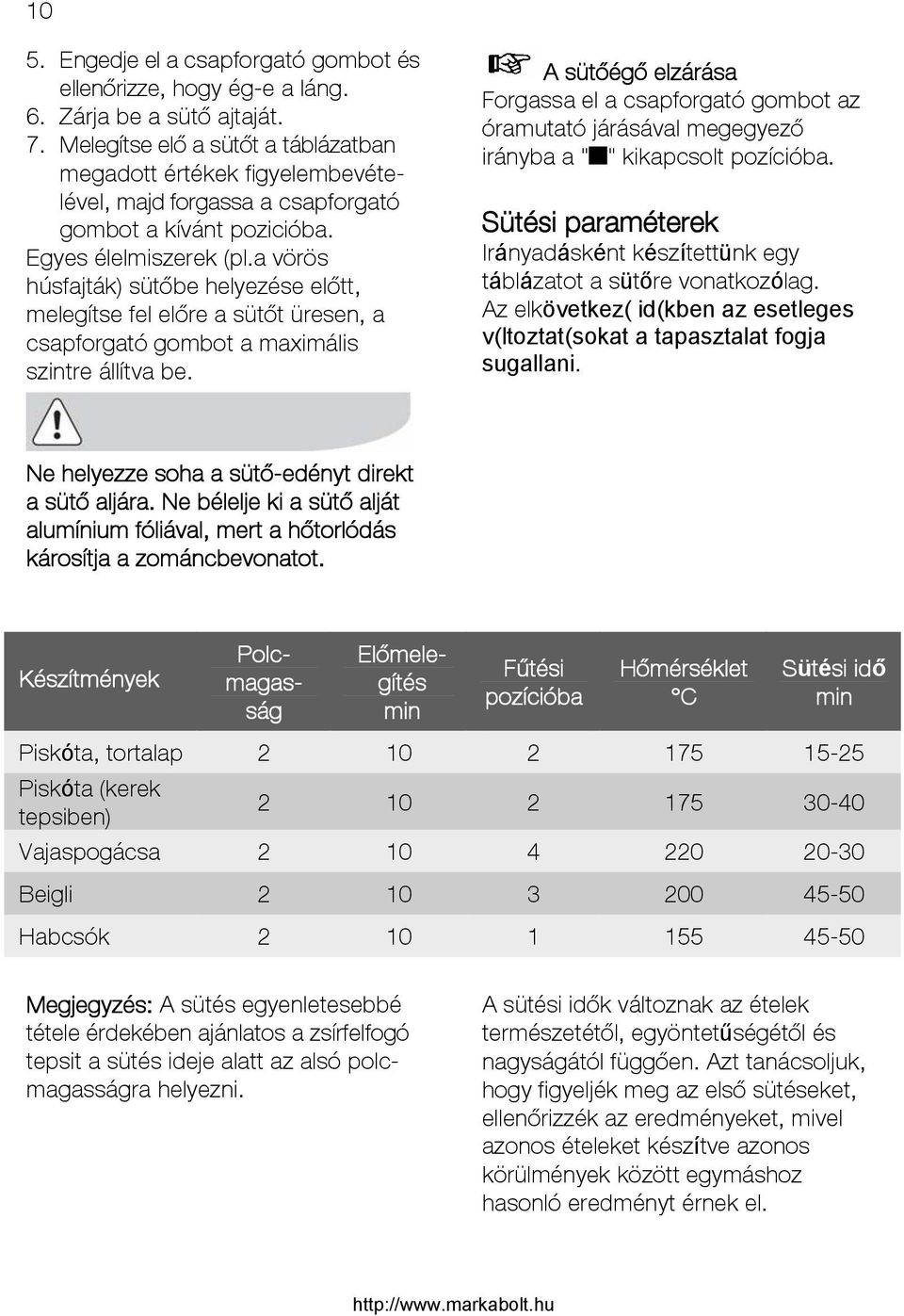 a vörös húsfajták) sütőbe helyezése előtt, melegítse fel előre a sütőt üresen, a csapforgató gombot a maximális szintre állítva be.