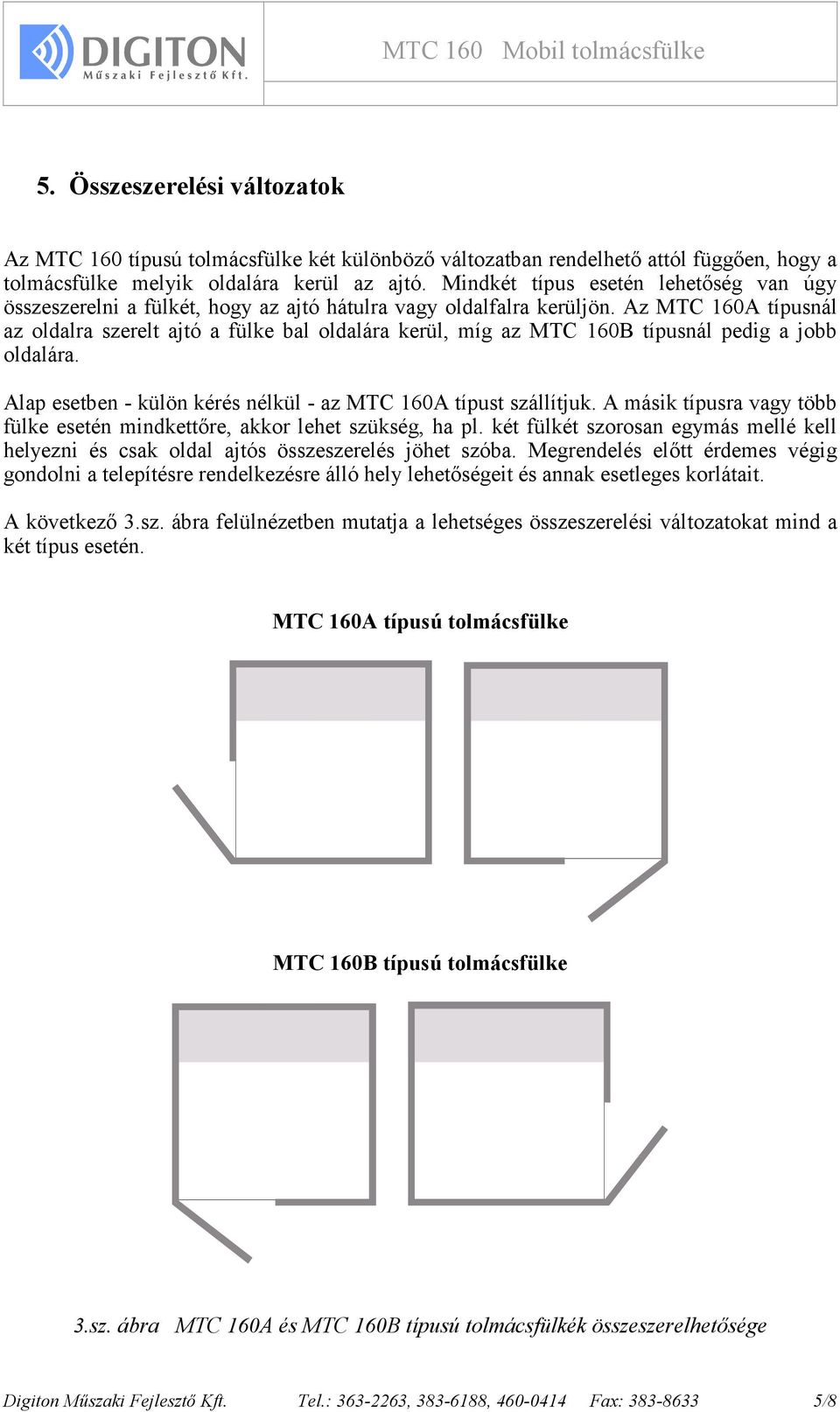 Az MTC 160A típusnál az oldalra szerelt ajtó a fülke bal oldalára kerül, míg az MTC 160B típusnál pedig a jobb oldalára. Alap esetben - külön kérés nélkül - az MTC 160A típust szállítjuk.