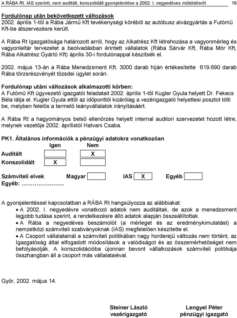 A Rába Rt Igazgatósága határozott arról, hogy az Alkatrész Kft létrehozása a vagyonmérleg és vagyonleltár tervezetet a beolvadásban érintett vállalatok (Rába Sárvár Kft, Rába Mór Kft, Rába Alkatrész