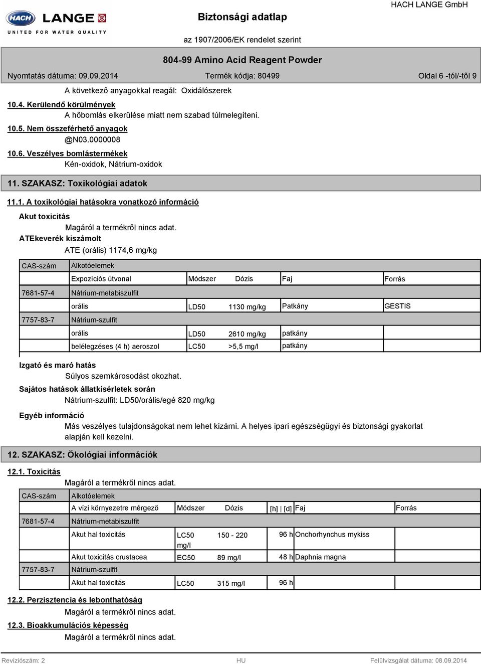 ATEkeverék kiszámolt ATE (orális) 1174,6 mg/kg CAS-szám Alkotóelemek Expozíciós útvonal Módszer Dózis Faj Forrás 7681-57-4 Nátrium-metabiszulfit orális 7757-83-7 Nátrium-szulfit orális LD50 1130