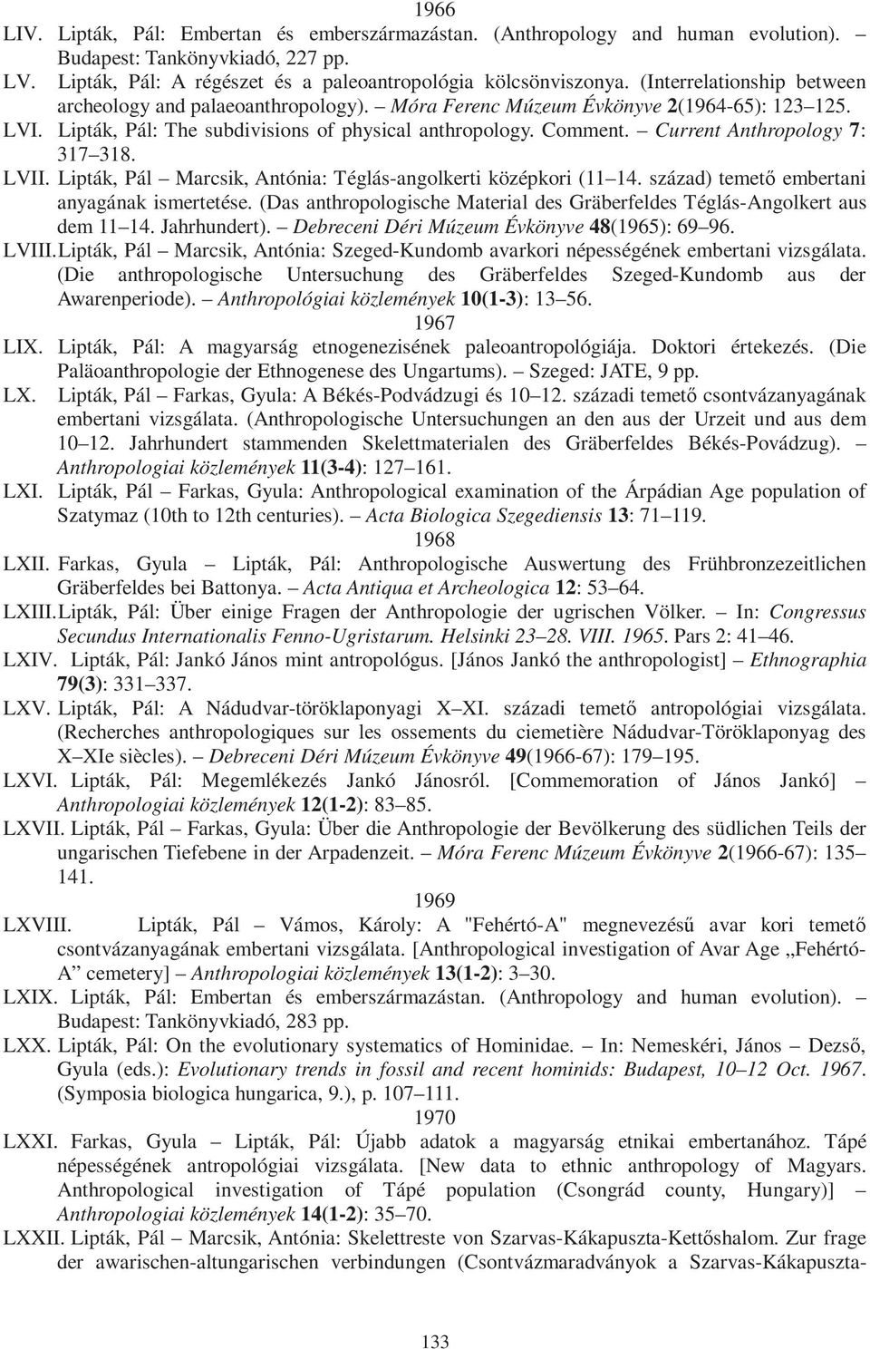 Current Anthropology 7: 317 318. LVII. Lipták, Pál Marcsik, Antónia: Téglás-angolkerti középkori (11 14. század) temető embertani anyagának ismertetése.