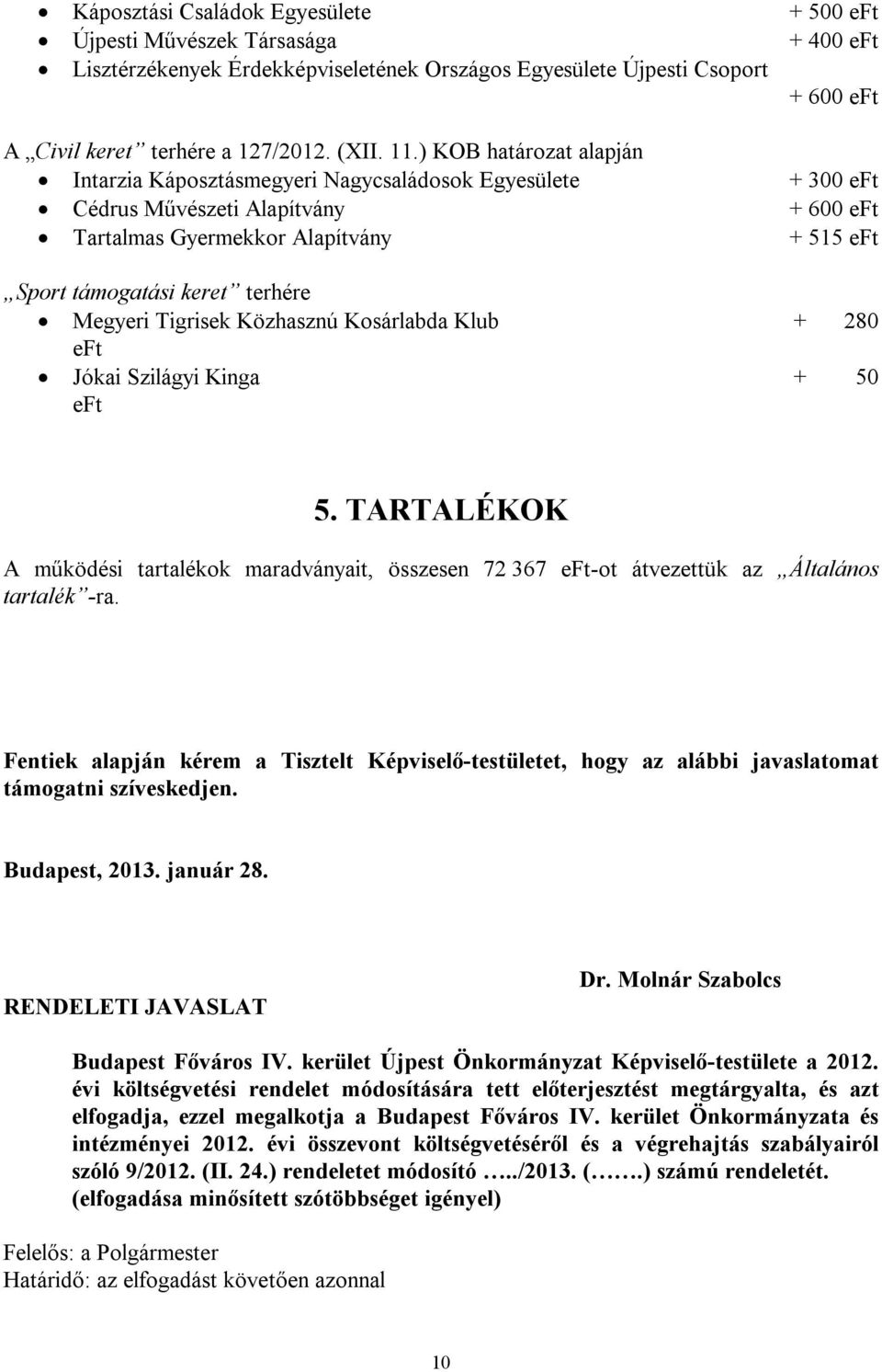 Megyeri Tigrisek Közhasznú Kosárlabda Klub + 280 eft Jókai Szilágyi Kinga + 50 eft 5. TARTALÉKOK A működési tartalékok maradványait, összesen 72 367 eft-ot átvezettük az Általános tartalék -ra.