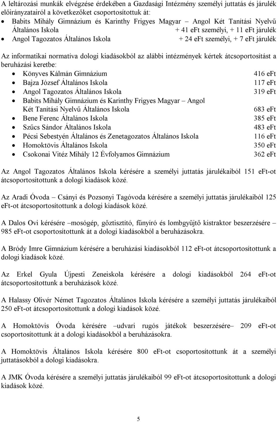 alábbi intézmények kértek átcsoportosítást a beruházási keretbe: Könyves Kálmán Gimnázium 416 eft Bajza József Általános Iskola 117 eft Angol Tagozatos Általános Iskola 319 eft Babits Mihály