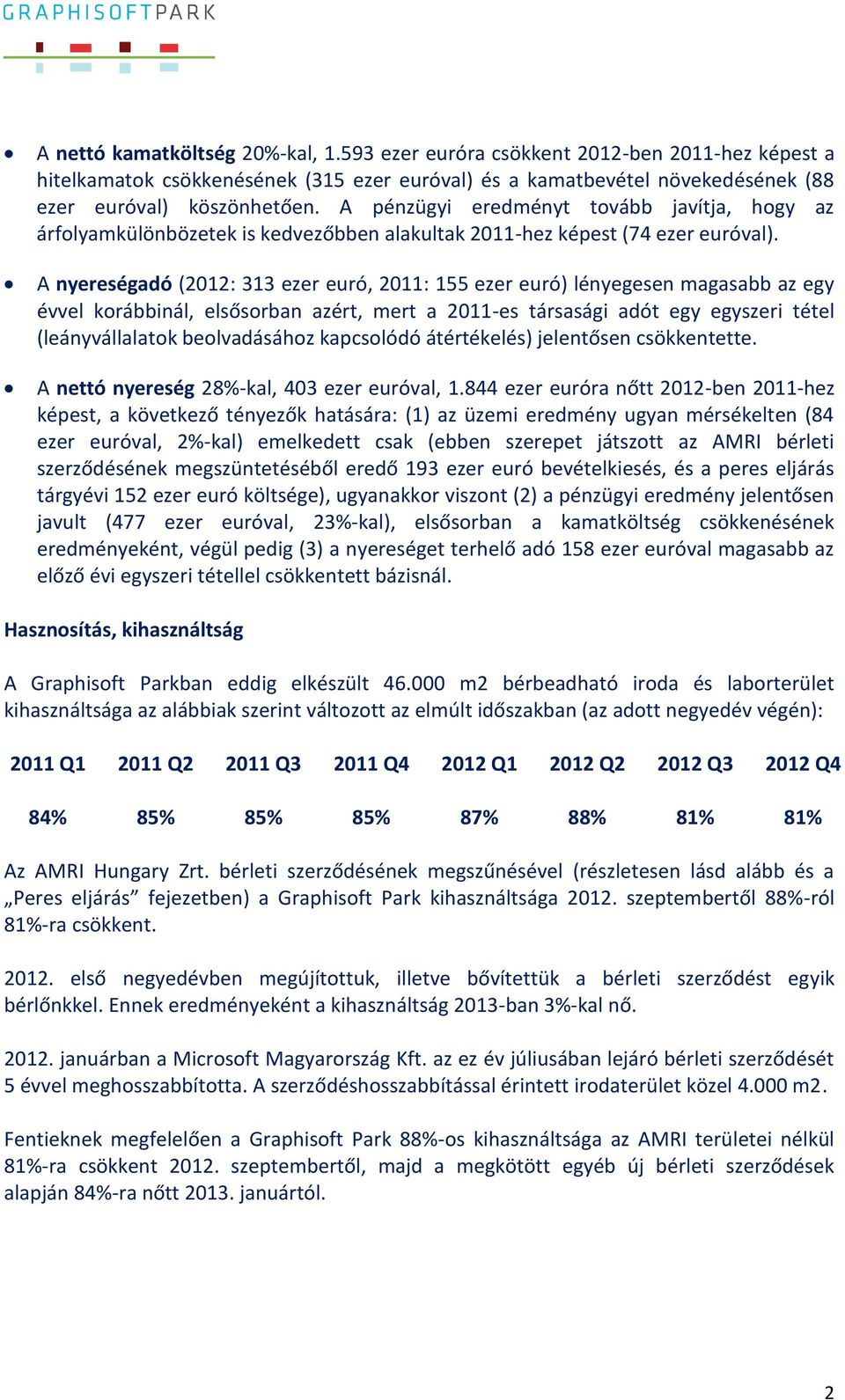 A nyereségadó (2012: 313 ezer euró, 2011: 155 ezer euró) lényegesen magasabb az egy évvel korábbinál, elsősorban azért, mert a 2011-es társasági adót egy egyszeri tétel (leányvállalatok beolvadásához