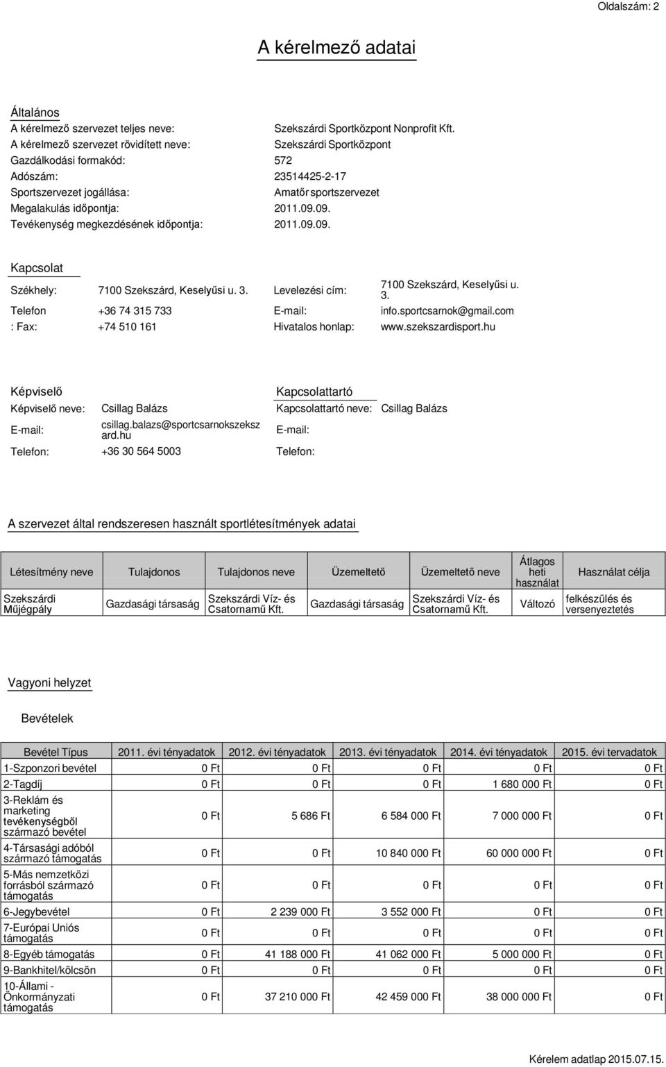 09. Tevékenység megkezdésének időpontja: 2011.09.09. Kapcsolat Székhely: 7100 Szekszárd, Keselyűsi u. 3.
