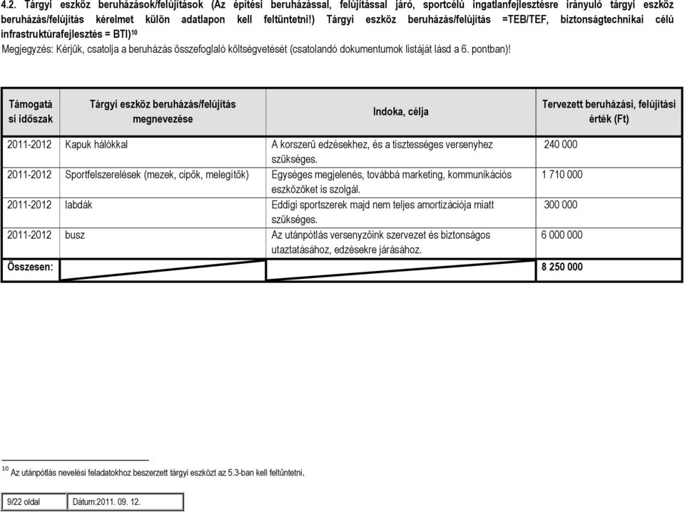 ) Tárgyi eszköz beruházás/felújítás =TEB/TEF, biztonságtechnikai célú infrastruktúrafejlesztés = BTI) 10 Megjegyzés: Kérjük, csatolja a beruházás összefoglaló költségvetését (csatolandó dokumentumok