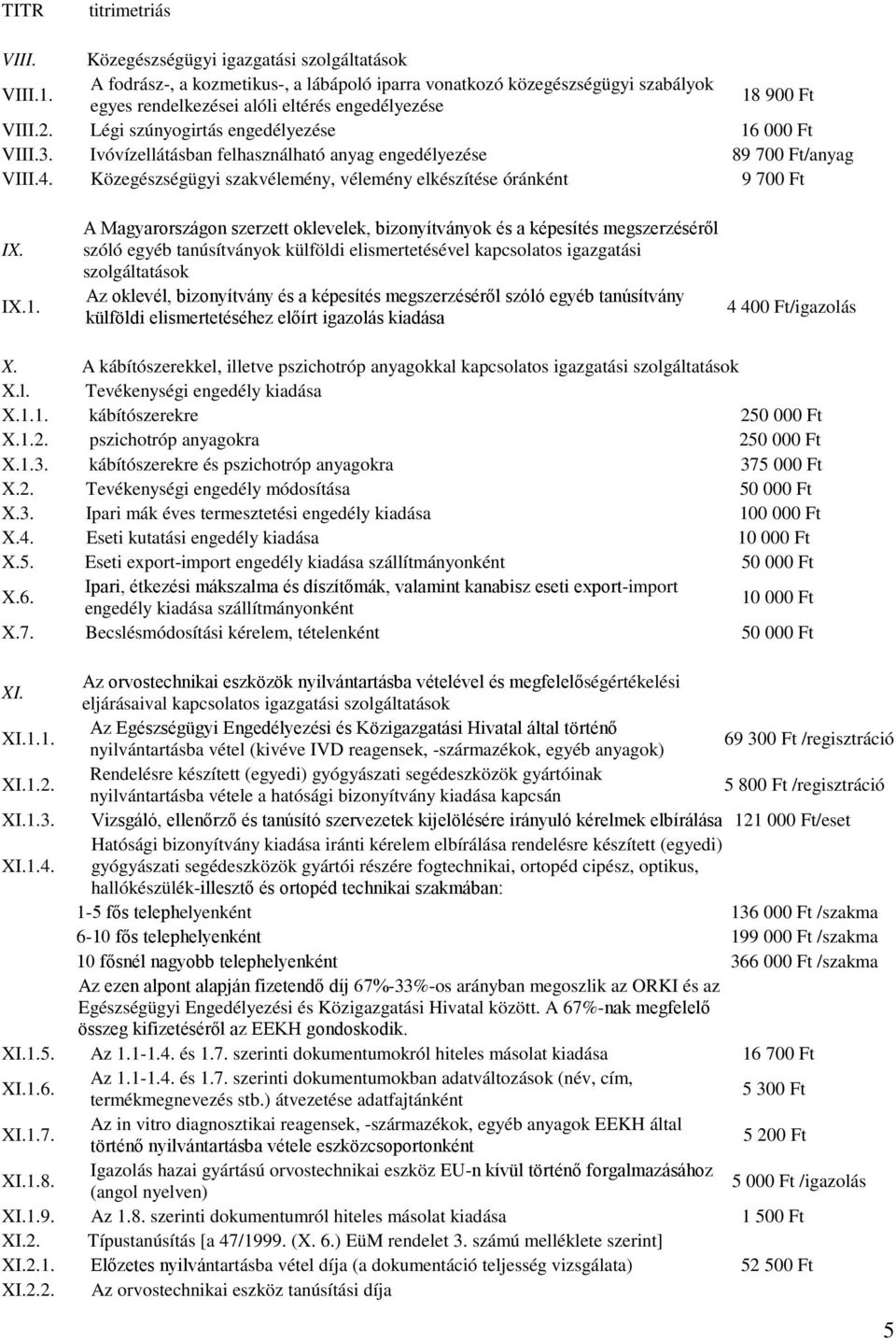 Ivóvízellátásban felhasználható anyag engedélyezése 89 700 Ft/anyag VIII.4. Közegészségügyi szakvélemény, vélemény elkészítése óránként 9 700 Ft IX. IX.1.