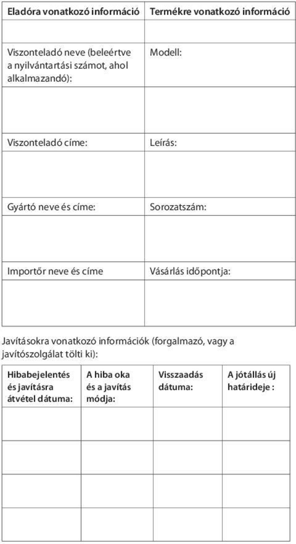 és címe Vásárlás időpontja: Javításokra vonatkozó információk (forgalmazó, vagy a javítószolgálat tölti ki):