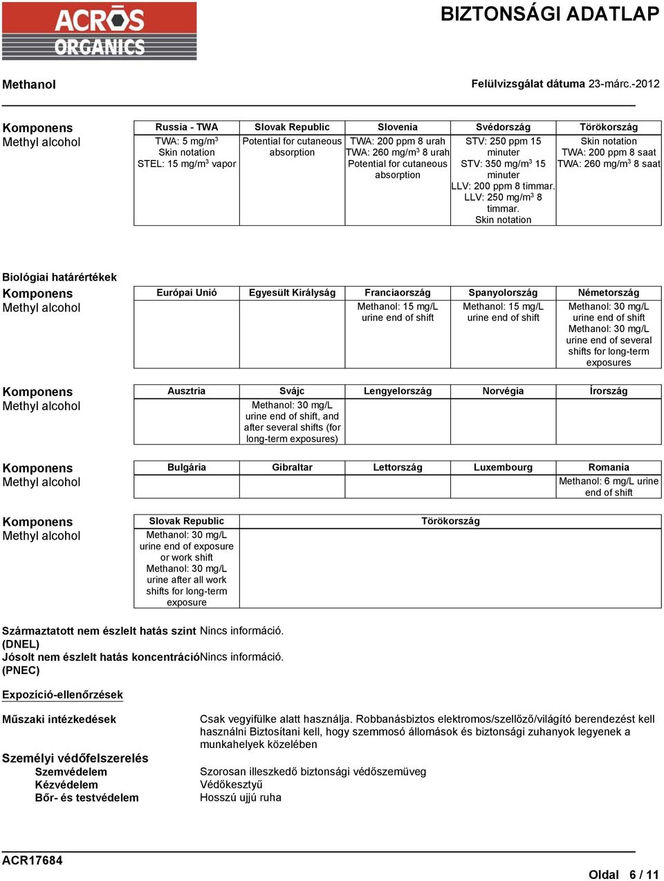 notation notation saat saat Biológiai határértékek Komponens Európai Unió Egyesült Királyság Franciaország Spanyolország Németország : 15 mg/l urine end of shift : 15 mg/l urine end of shift : 30