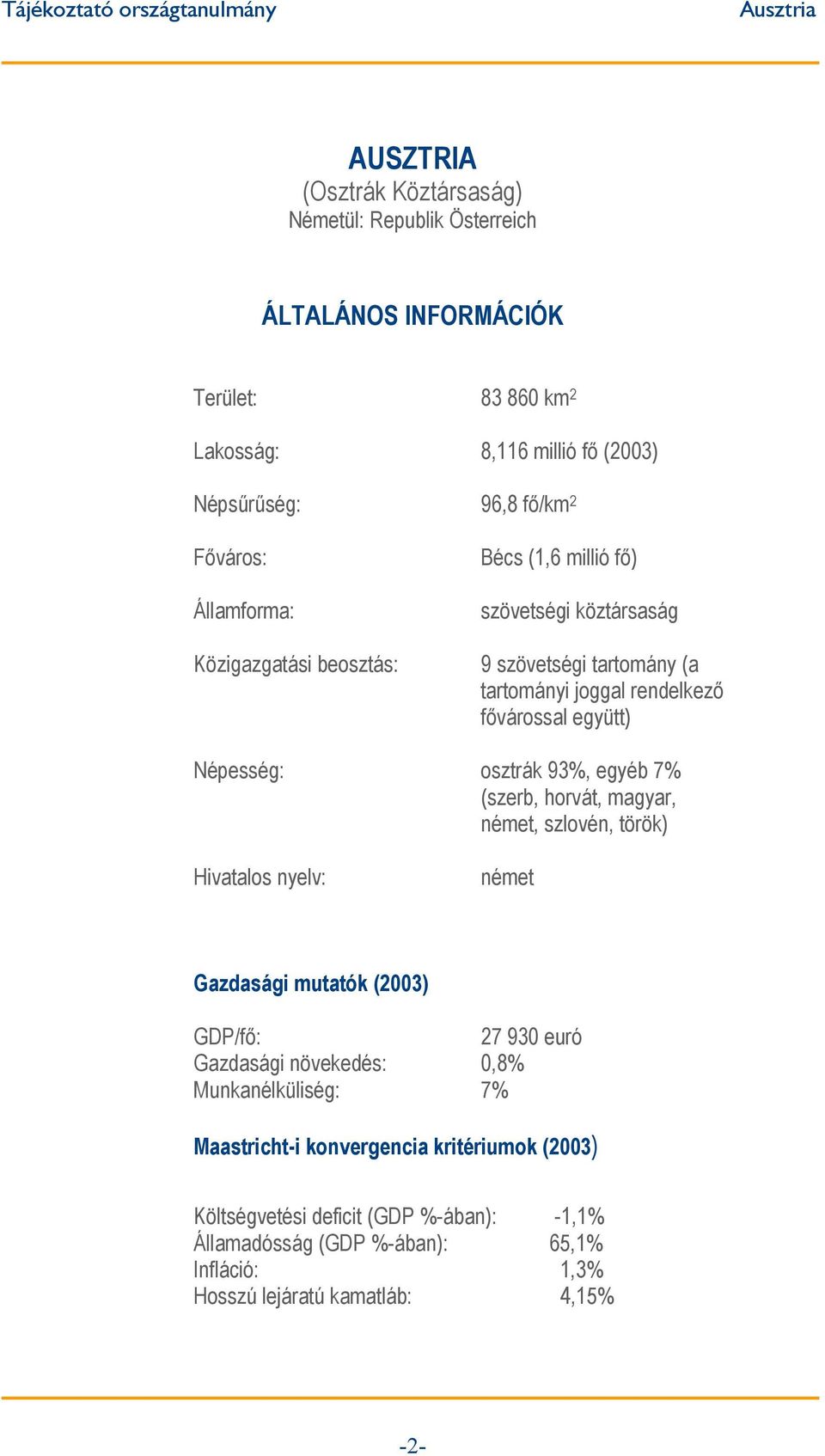 93%, egyéb 7% (szerb, horvát, magyar, német, szlovén, török) Hivatalos nyelv: német Gazdasági mutatók (2003) GDP/fő: 27 930 euró Gazdasági növekedés: 0,8% Munkanélküliség: