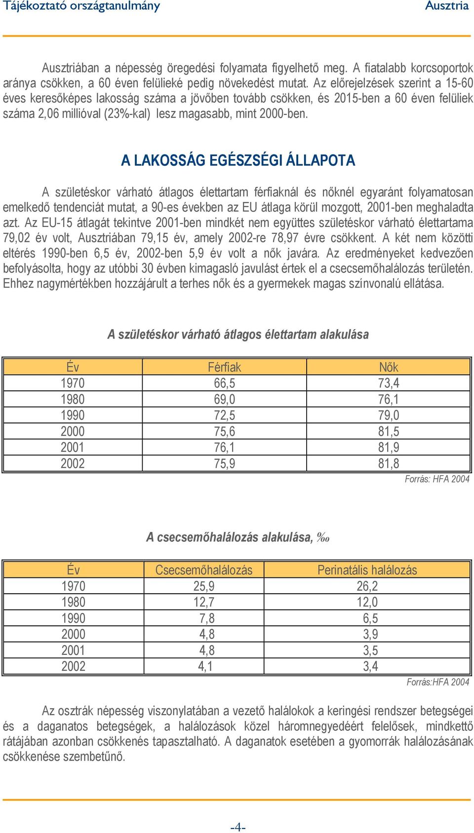 A LAKOSSÁG EGÉSZSÉGI ÁLLAPOTA A születéskor várható átlagos élettartam férfiaknál és nőknél egyaránt folyamatosan emelkedő tendenciát mutat, a 90-es években az EU átlaga körül mozgott, 2001-ben