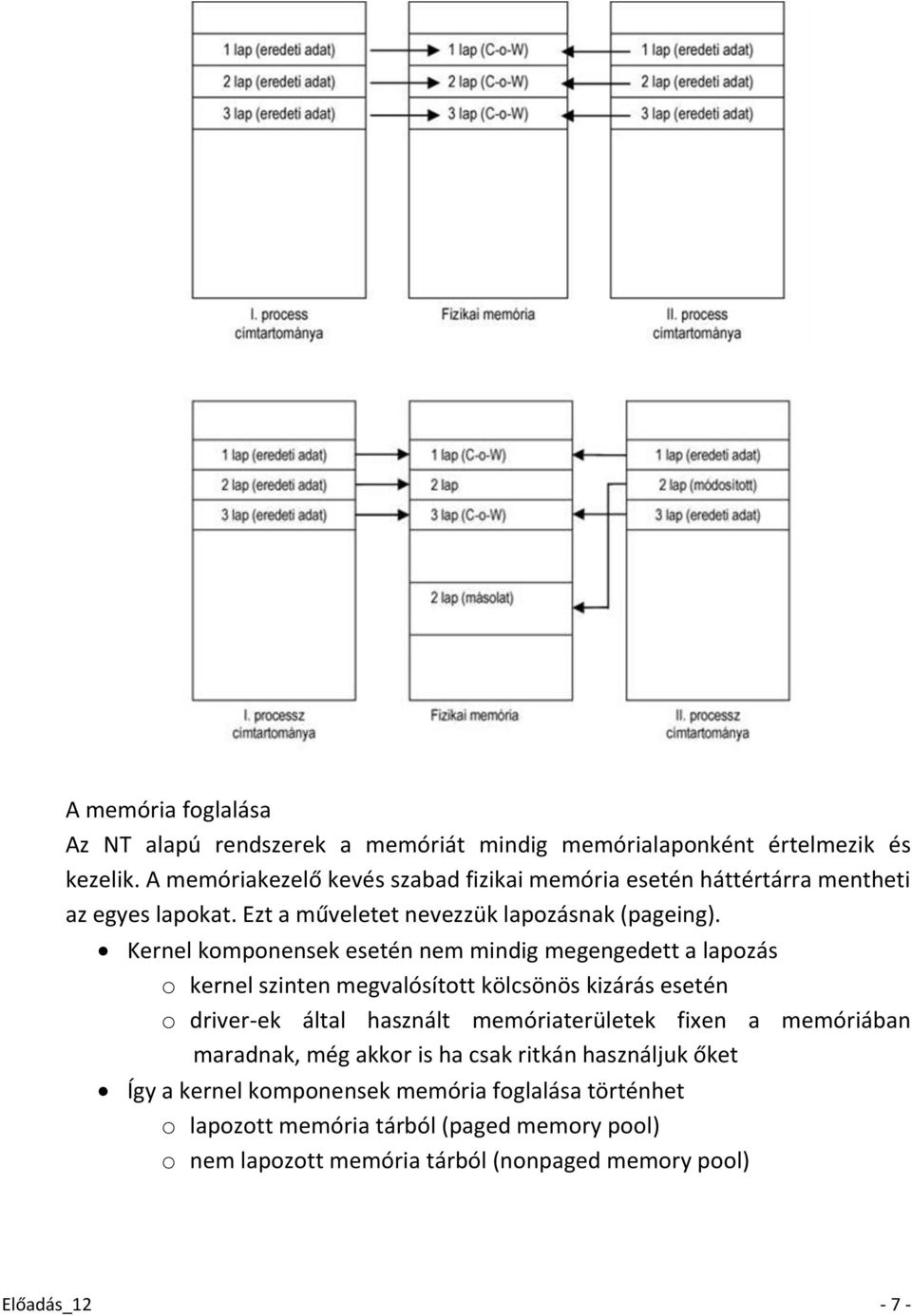 Kernel komponensek esetén nem mindig megengedett a lapozás o kernel szinten megvalósított kölcsönös kizárás esetén o driver-ek által használt memóriaterületek