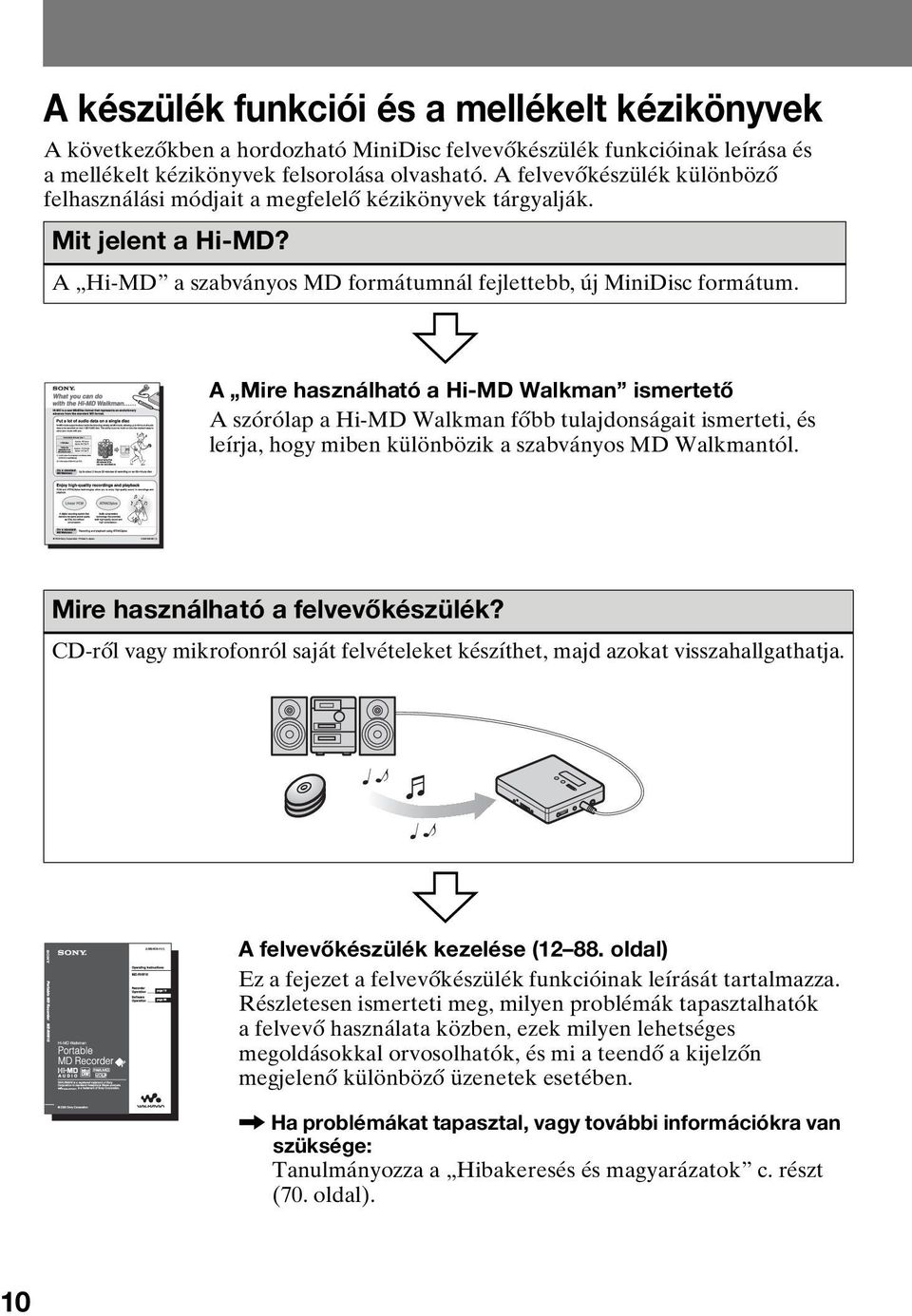 A Mire használható a Hi-MD Walkman ismertető A szórólap a Hi-MD Walkman főbb tulajdonságait ismerteti, és leírja, hogy miben különbözik a szabványos MD Walkmantól. Mire használható a felvevőkészülék?