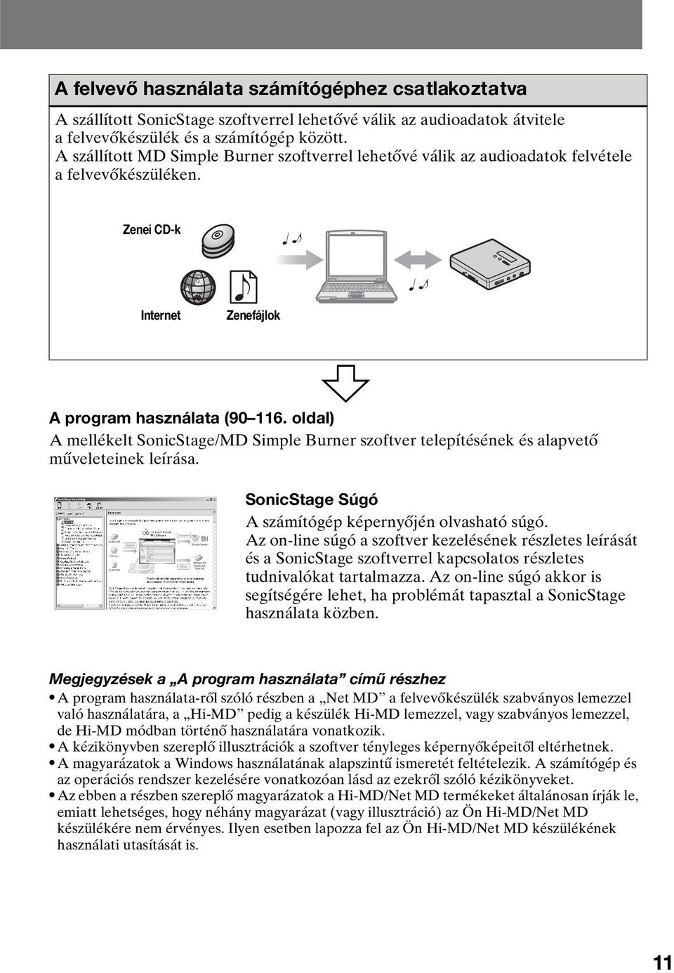 oldal) A mellékelt SonicStage/MD Simple Burner szoftver telepítésének és alapvető műveleteinek leírása. SonicStage Súgó A számítógép képernyőjén olvasható súgó.
