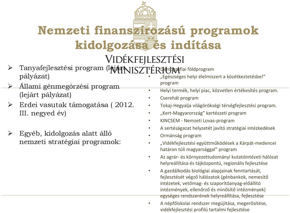 program Helyi termék, helyi piac, közvetlen értékesítés program. Cserehát program Tokaj-Hegyalja világörökségi térségfejlesztési program.