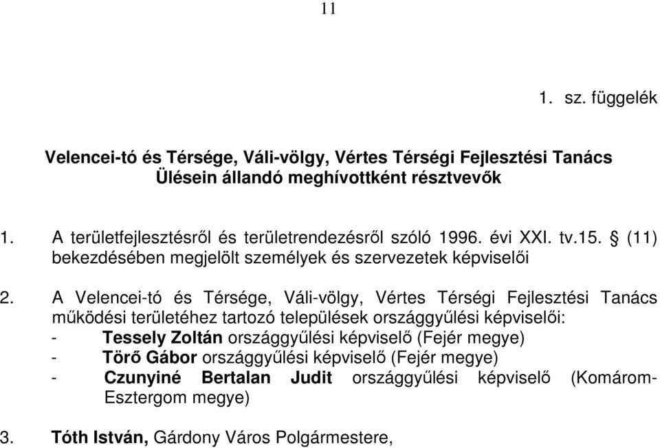 A Velencei-tó és Térsége, Váli-völgy, Vértes Térségi Fejlesztési Tanács mőködési területéhez tartozó települések országgyőlési képviselıi: - Tessely Zoltán