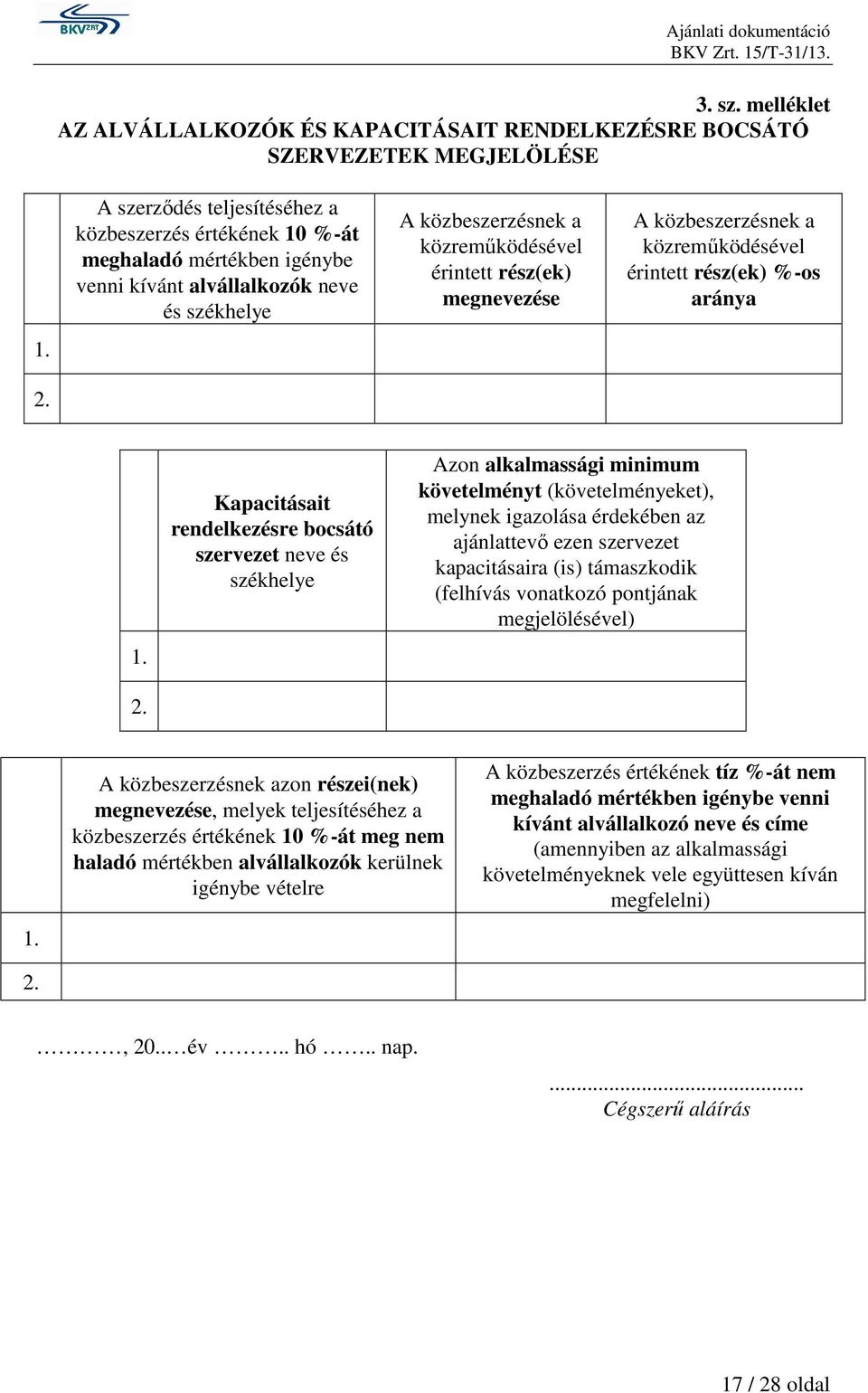 A közbeszerzésnek a közreműködésével érintett rész(ek) %-os aránya 1. 2.