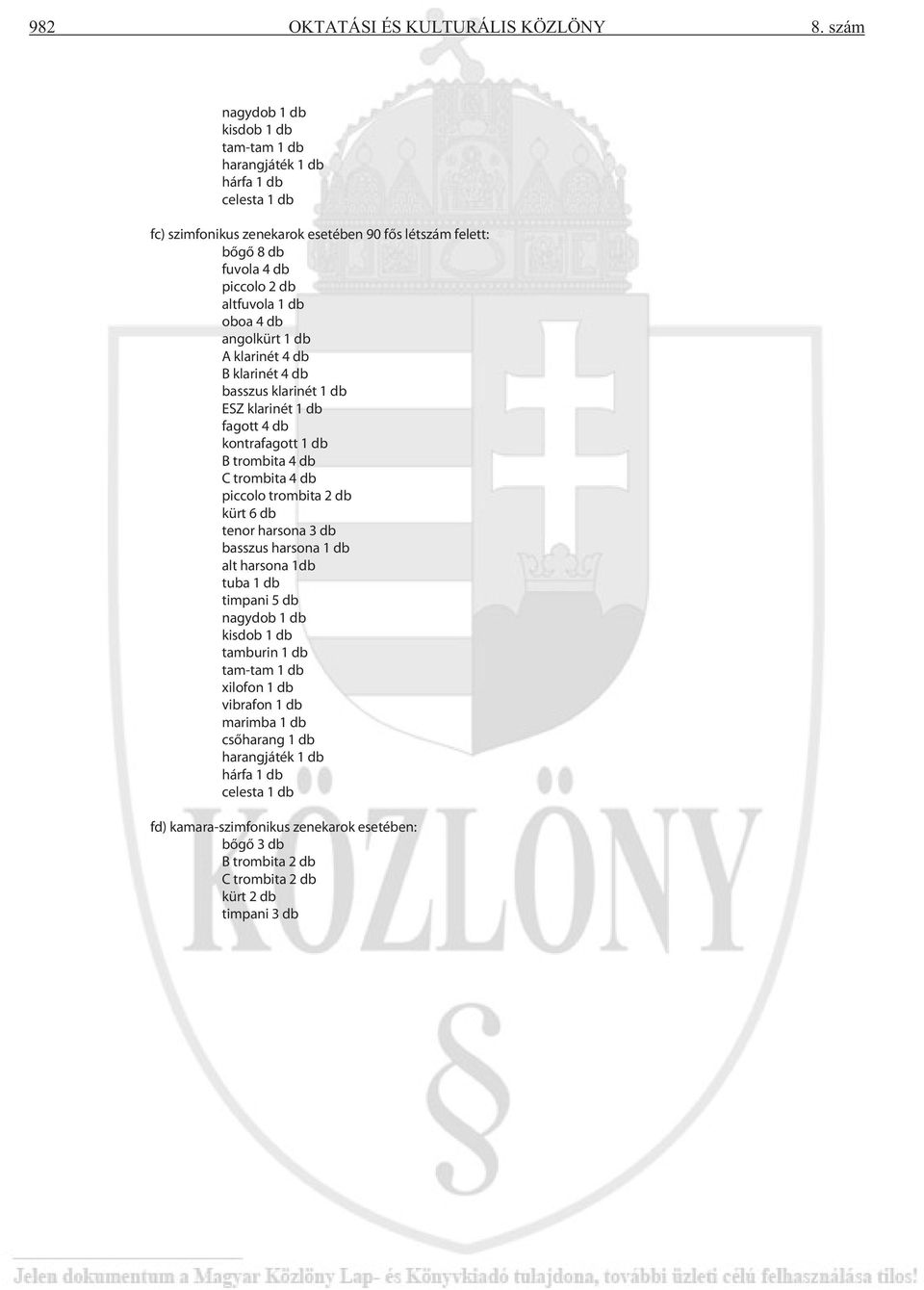 db oboa 4 db angolkürt 1 db A klarinét 4 db B klarinét 4 db basszus klarinét 1 db ESZ klarinét 1 db fagott 4 db kontrafagott 1 db B trombita 4 db C trombita 4 db piccolo trombita 2 db kürt