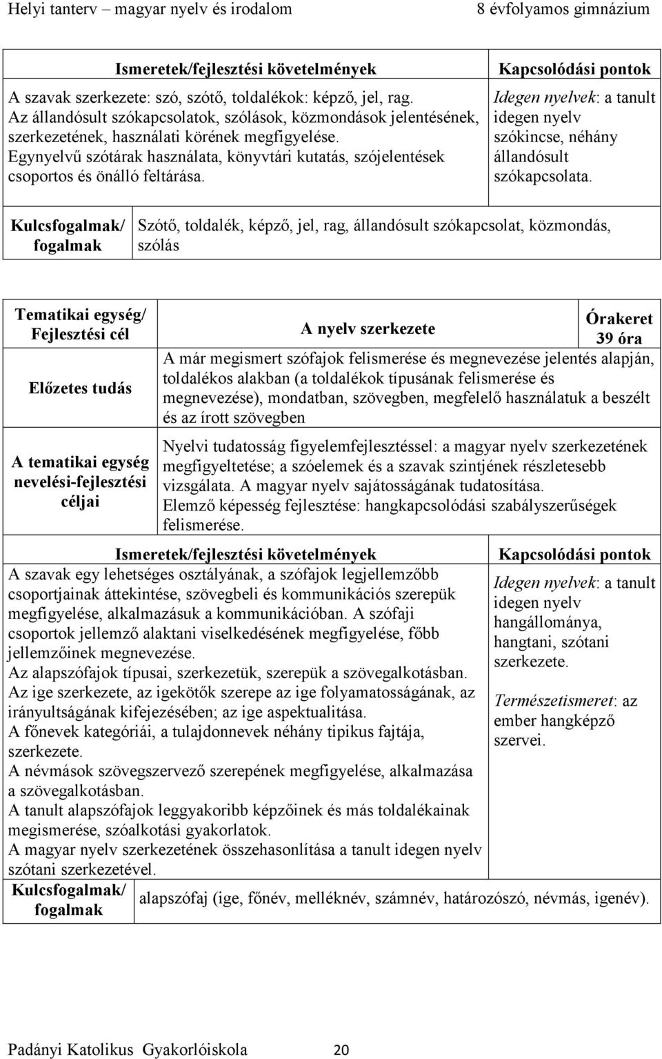 Kulcs/ Szótő, toldalék, képző, jel, rag, állandósult szókapcsolat, közmondás, szólás A nyelv szerkezete 39 óra A már megismert szófajok felismerése és megnevezése jelentés alapján, toldalékos alakban