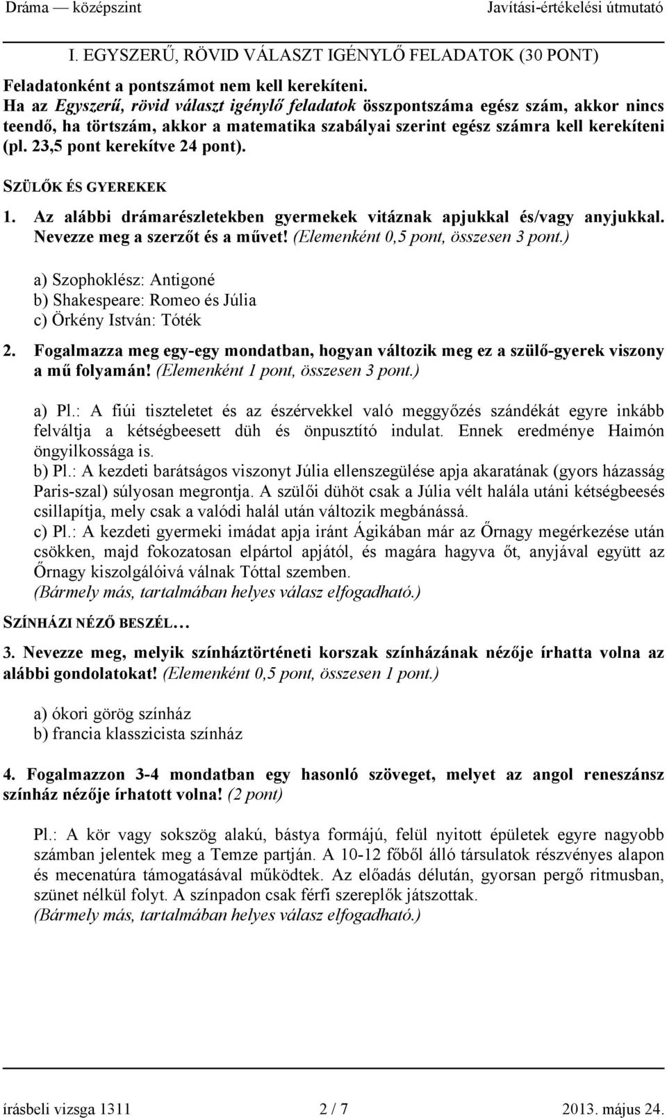 23,5 pont kerekítve 24 pont). SZÜLŐK ÉS GYEREKEK 1. Az alábbi drámarészletekben gyermekek vitáznak apjukkal és/vagy anyjukkal. Nevezze meg a szerzőt és a művet! (Elemenként 0,5 pont, összesen 3 pont.