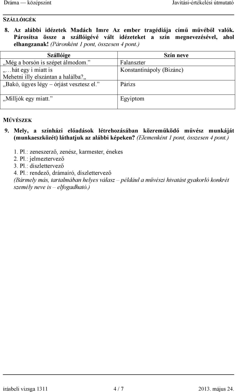 Szín neve Falanszter Konstantinápoly (Bizánc) Párizs Milljók egy miatt. Egyiptom MŰVÉSZEK 9.