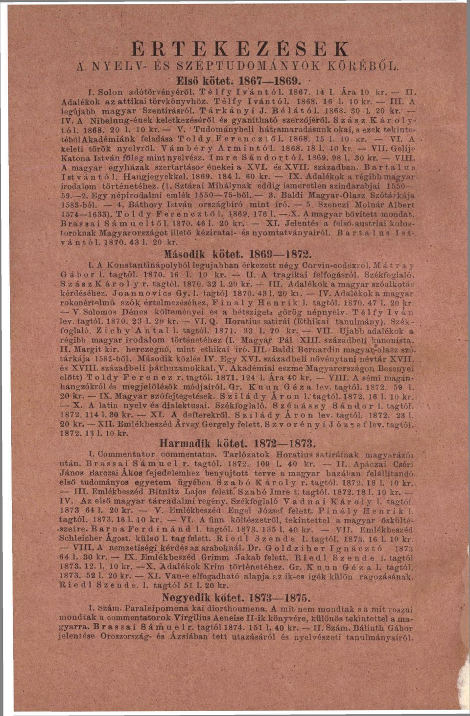 ' Tudománybeli hátramaradásunk okai, s ezek tekintetéből Akadémiánk feladása Toldy Ferencztől. 1868. 15 1. 10 KT. VI. A keleti török nyelvről. Vámbéry Ármintól. 1868. 18 1. 10 kr. VII.