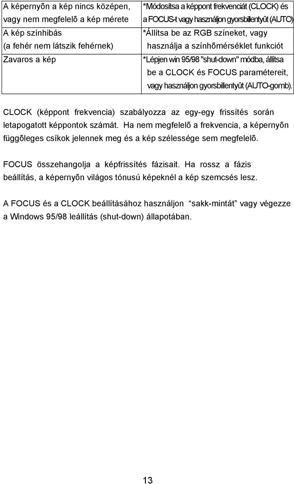 gyorsbillentyût (AUTO-gomb). CLOCK (képpont frekvencia) szabályozza az egy-egy frissítés során letapogatott képpontok számát.