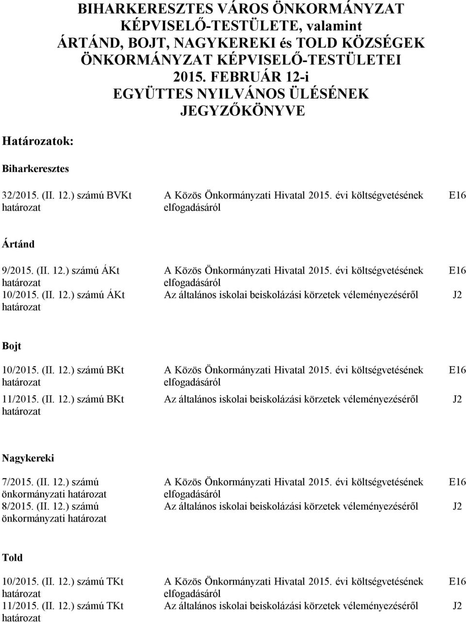 (II. 12.) számú ÁKt határozat A Közös Önkormányzati Hivatal 2015. évi költségvetésének elfogadásáról Az általános iskolai beiskolázási körzetek véleményezéséről E16 J2 Bojt 10/2015. (II. 12.) számú BKt határozat 11/2015.