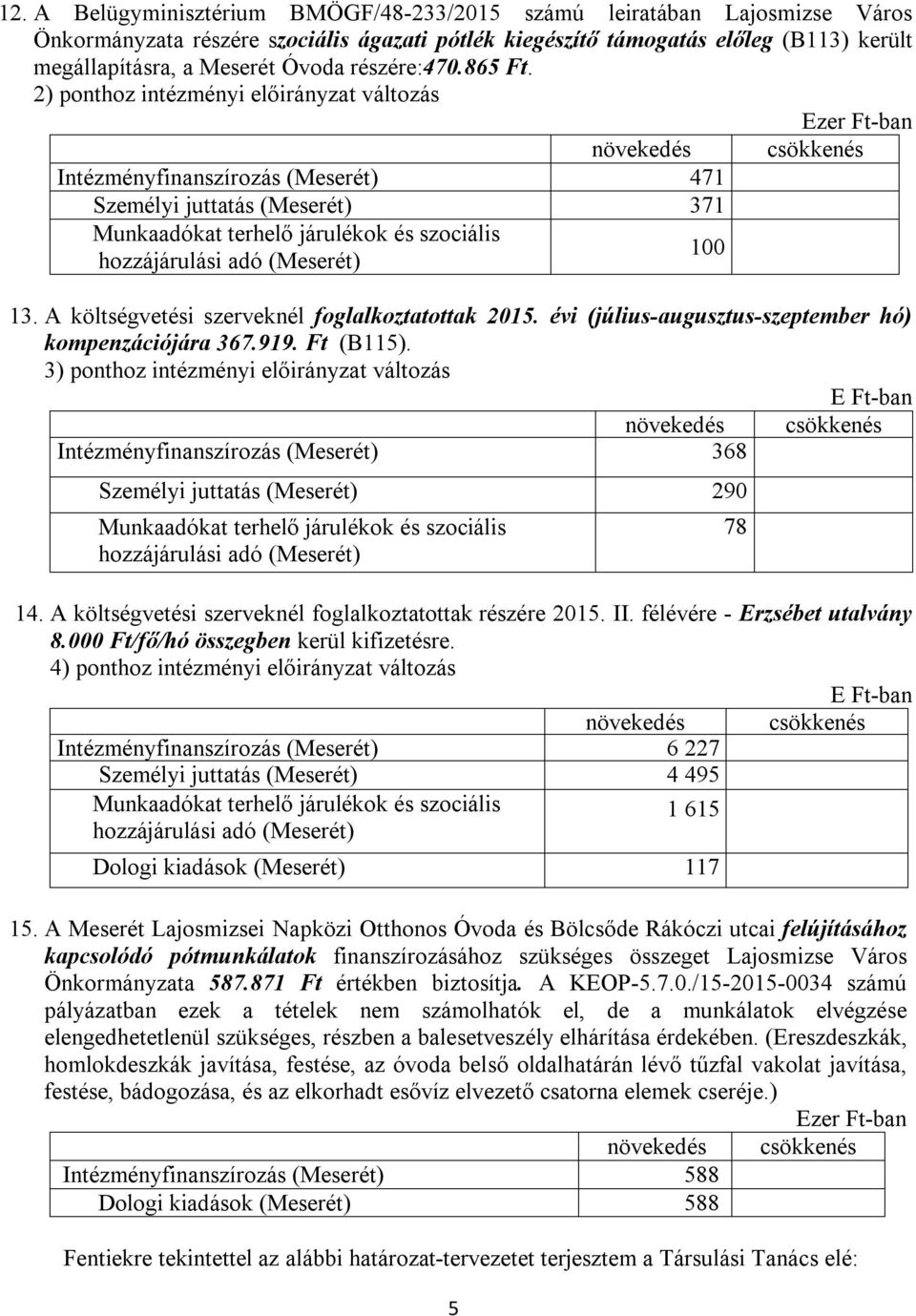 A költségvetési szerveknél foglalkoztatottak 2015. évi (július-augusztus-szeptember hó) kompenzációjára 367.919. Ft (B115).