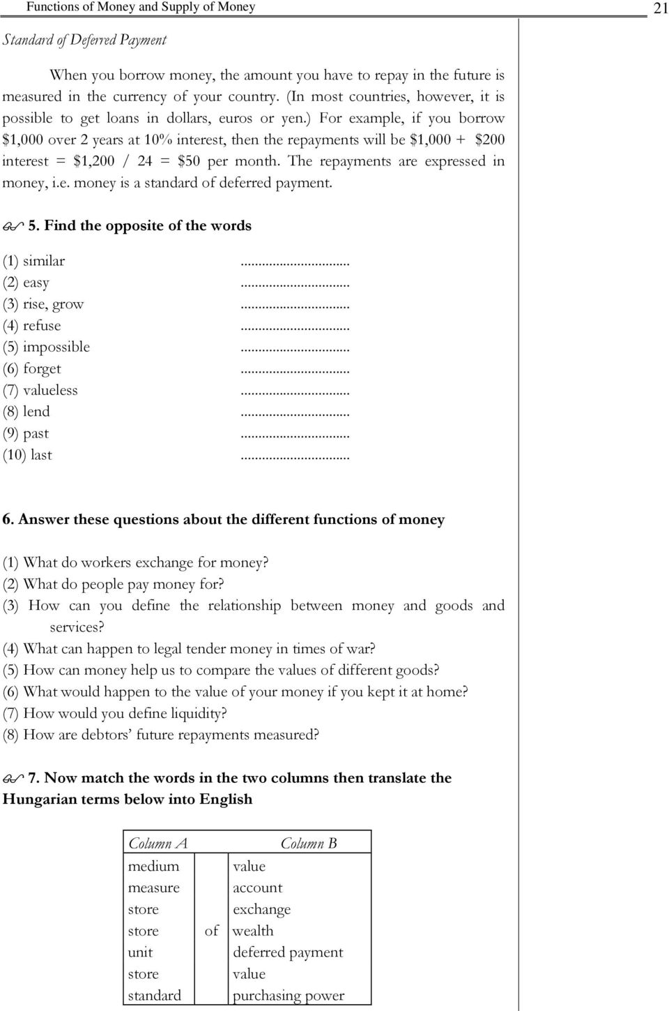 ) For example, if you borrow $1,000 over 2 years at 10% interest, then the repayments will be $1,000 + $200 interest = $1,200 / 24 = $50 per month. The repayments are expressed in money, i.e. money is a standard of deferred payment.