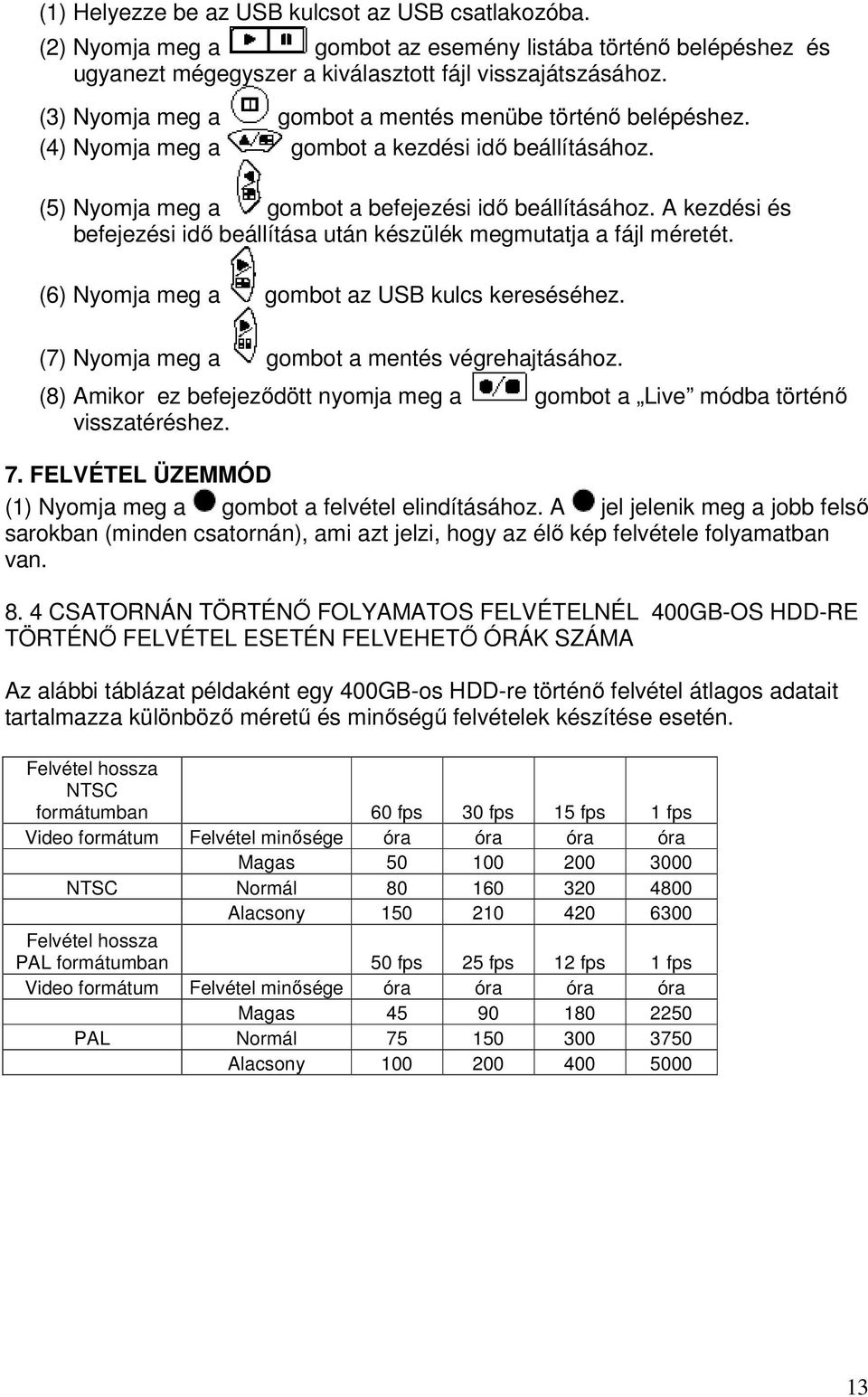 A kezdési és befejezési idő beállítása után készülék megmutatja a fájl méretét. (6) Nyomja meg a gombot az USB kulcs kereséséhez. (7) Nyomja meg a gombot a mentés végrehajtásához.