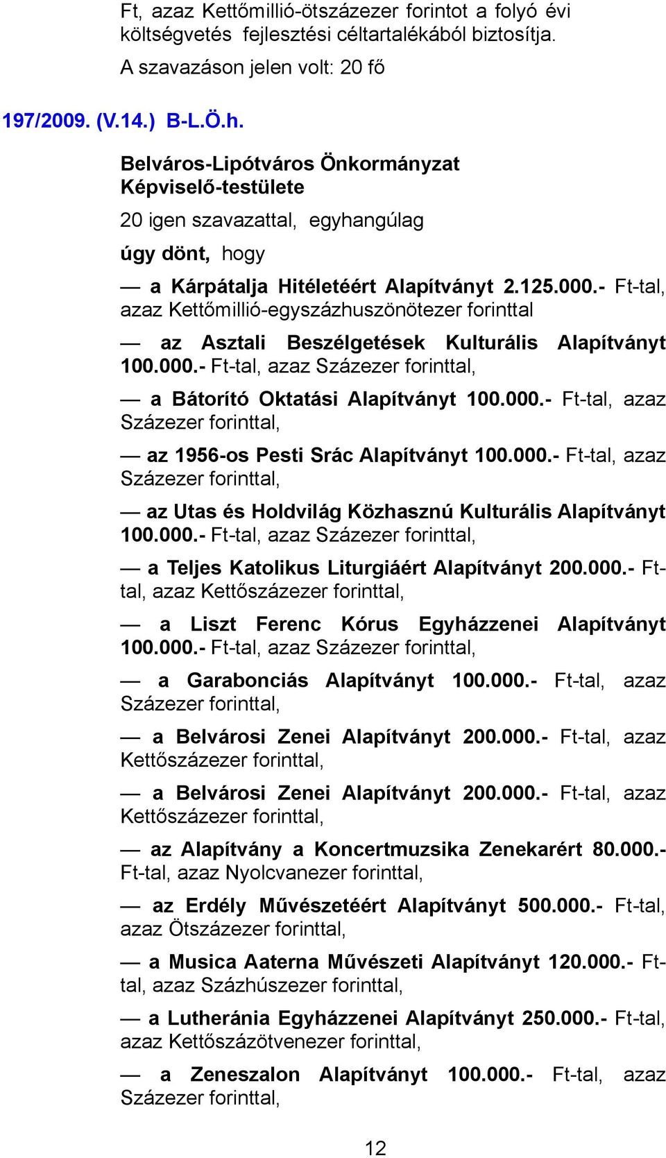 000.- Ft-tal, azaz Százezer forinttal, az Utas és Holdvilág Közhasznú Kulturális Alapítványt 100.000.- Ft-tal, azaz Százezer forinttal, a Teljes Katolikus Liturgiáért Alapítványt 200.000.- Fttal, azaz Kettőszázezer forinttal, a Liszt Ferenc Kórus Egyházzenei Alapítványt 100.