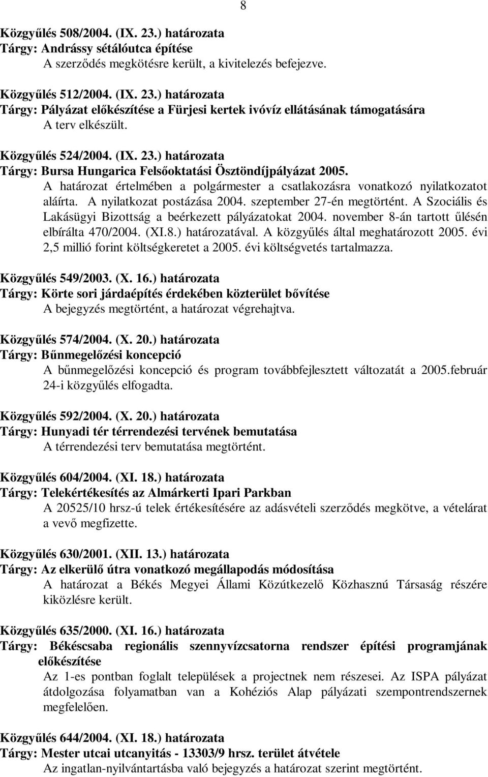 A nyilatkozat postázása 2004. szeptember 27-én megtörtént. A Szociális és Lakásügyi Bizottság a beérkezett pályázatokat 2004. november 8-án tartott űlésén elbírálta 470/2004. (XI.8.) határozatával.