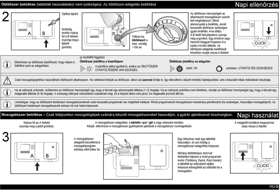 vonalig ~150 ml A jelzőfény akkor gyullad ki, amikor az ÖBLÍTŐSZER UTÁNTÖLTÉSÉRE VAN SZÜKSÉG. Az öblítőszer mennyiségét az alkalmazott mosogatószer szerint kell meghatározni.