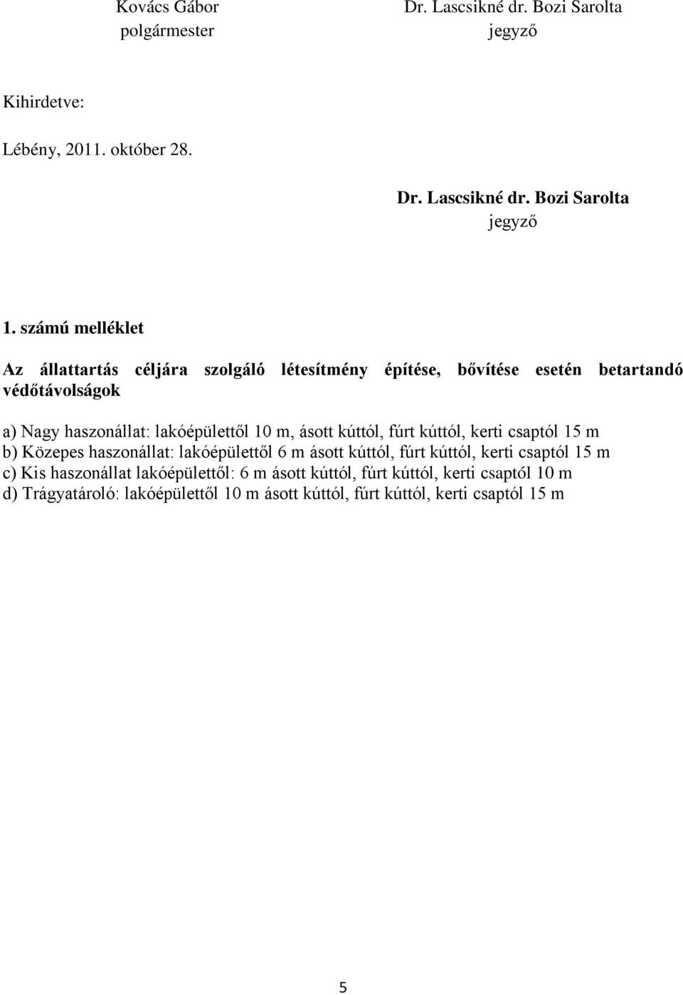 m, ásott kúttól, fúrt kúttól, kerti csaptól 15 m b) Közepes haszonállat: lakóépülettől 6 m ásott kúttól, fúrt kúttól, kerti csaptól 15 m c) Kis