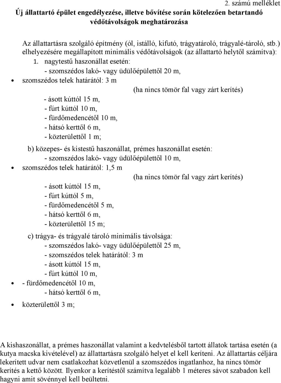 nagytestű haszonállat esetén: - szomszédos lakó- vagy üdülőépülettől 20 m, szomszédos telek határától: 3 m (ha nincs tömör fal vagy zárt kerítés) - ásott kúttól 15 m, - fúrt kúttól 10 m, -