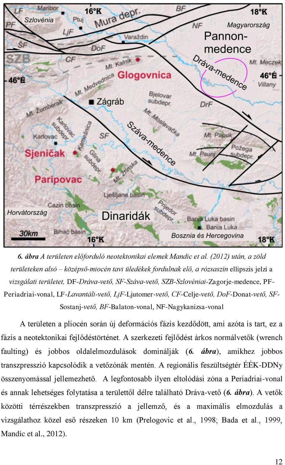 Periadriai-vonal, LF-Lavantáli-vető, LjF-Ljutomer-vető, CF-Celje-vető, DoF-Donat-vető, SF- Sostanj-vető, BF-Balaton-vonal, NF-Nagykanizsa-vonal A területen a pliocén során új deformációs fázis