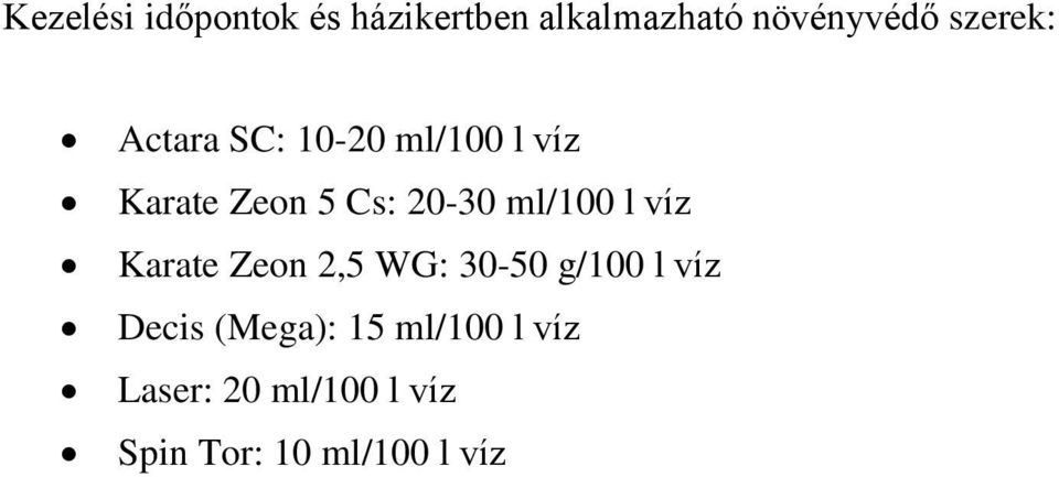 ml/100 l víz Karate Zeon 2,5 WG: 30-50 g/100 l víz Decis