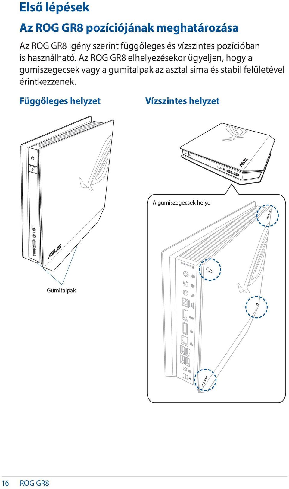 Az ROG GR8 elhelyezésekor ügyeljen, hogy a gumiszegecsek vagy a gumitalpak az