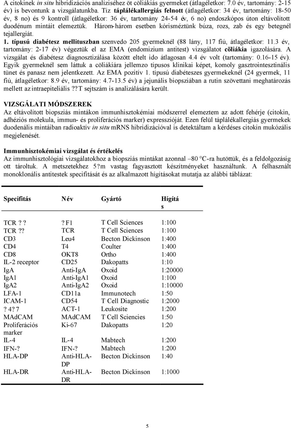 Három-három esetben kórisméztünk búza, rozs, zab és egy betegnél tejallergiát. 1. típusú diabétesz mellituszban szenvedo 205 gyermeknél (88 lány, 117 fiú, átlagéletkor: 11.