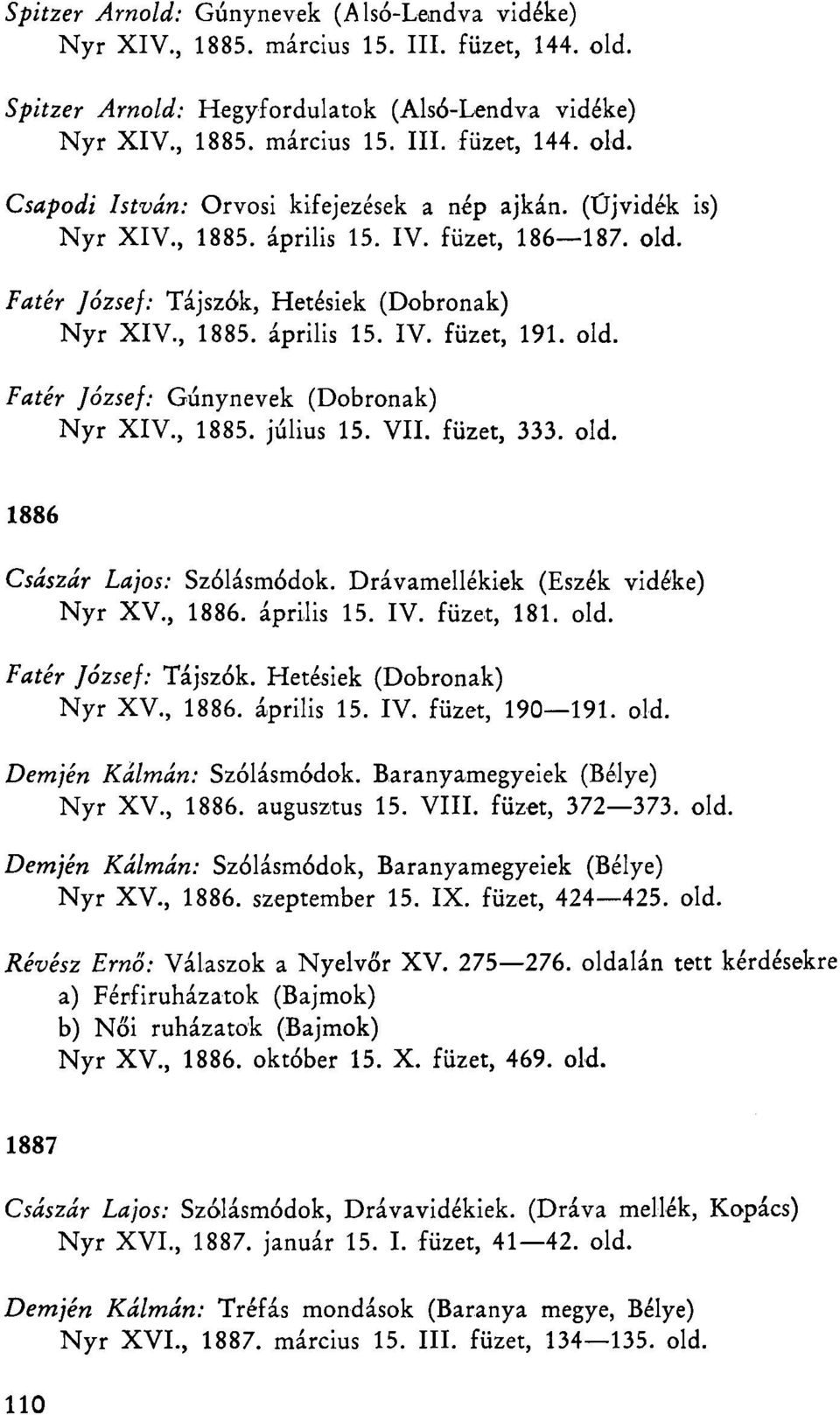 , 1885. július 15. VII. füzet, 333. old. 1886 Császár Lajos: Szólásmódok. Drávamellékiek (Eszék vidéke) Nyr XV., 1886. április 15. IV. füzet, 181. old. Fater József: Tájszók.