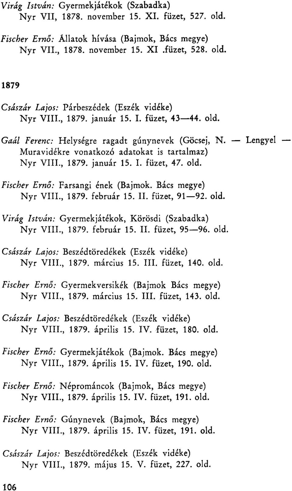 Bács megye) Nyr VIII., 1879. február 15. II. füzet, 91 92. old. Virág István: Gyermekjátékok, Körösdi (Szabadka) Nyr VIII., 1879. február 15. II. füzet, 95 96. old. Császár Lajos: Beszédtöredékek (Eszék vidéke) Nyr VIII.