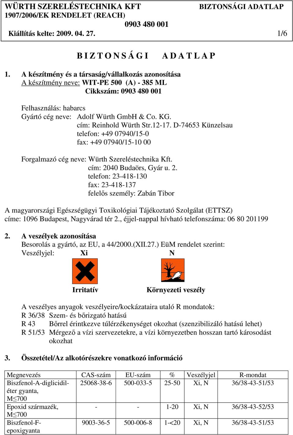 D-74653 Künzelsau telefon: +49 07940/15-0 fax: +49 07940/15-10 00 Forgalmazó cég neve: Würth Szereléstechnika Kft. cím: 20