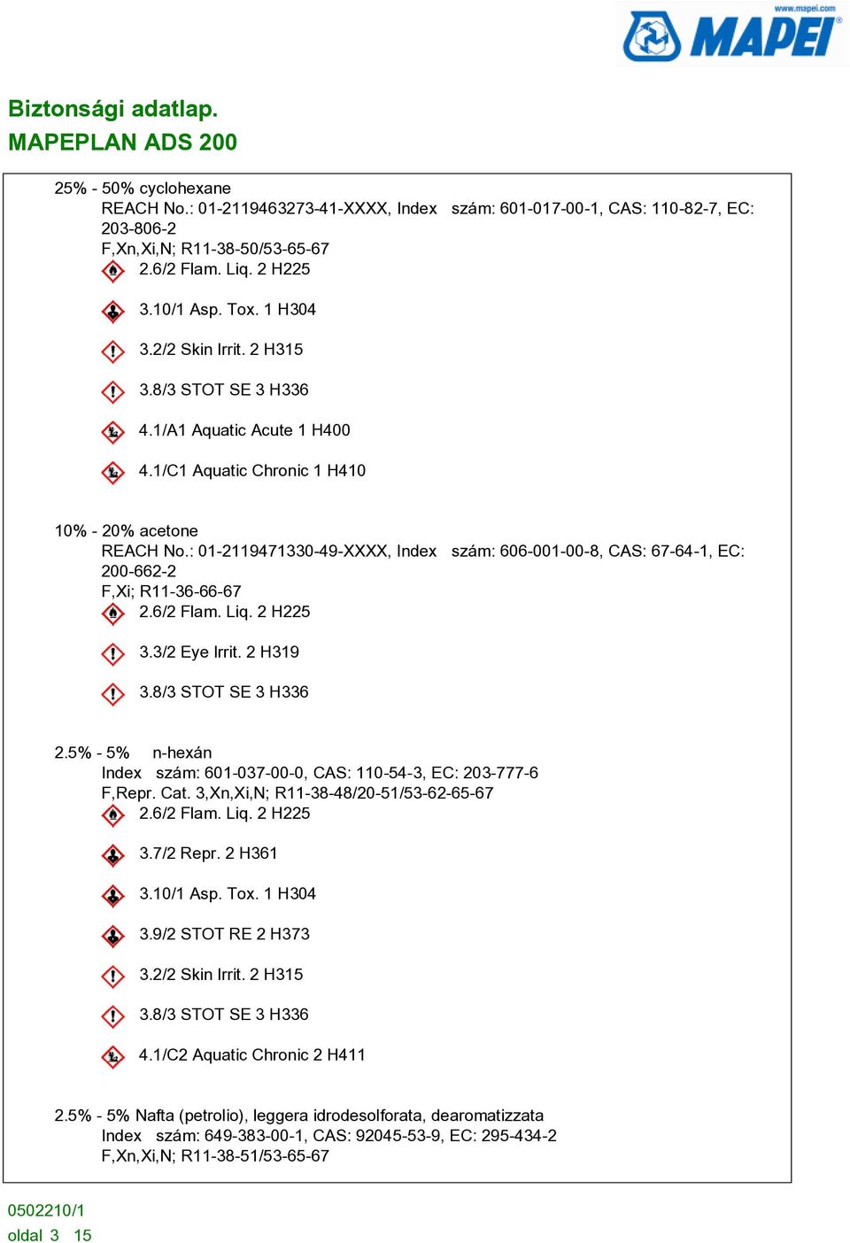 : 01-2119471330-49-XXXX, Index szám: 606-001-00-8, CAS: 67-64-1, EC: 200-662-2 F,Xi; R11-36-66-67 2.6/2 Flam. Liq. 2 H225 3.3/2 Eye Irrit. 2 H319 3.8/3 STOT SE 3 H336 2.