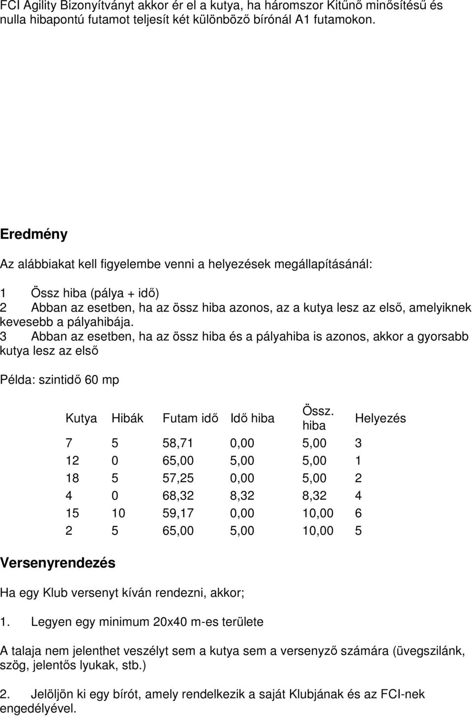 pályahibája. 3 Abban az esetben, ha az össz hiba és a pályahiba is azonos, akkor a gyorsabb kutya lesz az első Példa: szintidő 60 mp Versenyrendezés Kutya Hibák Futam idő Idő hiba Össz.